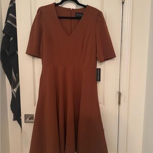 Donna Morgan Brown A-Line Midi Dress V-Neck